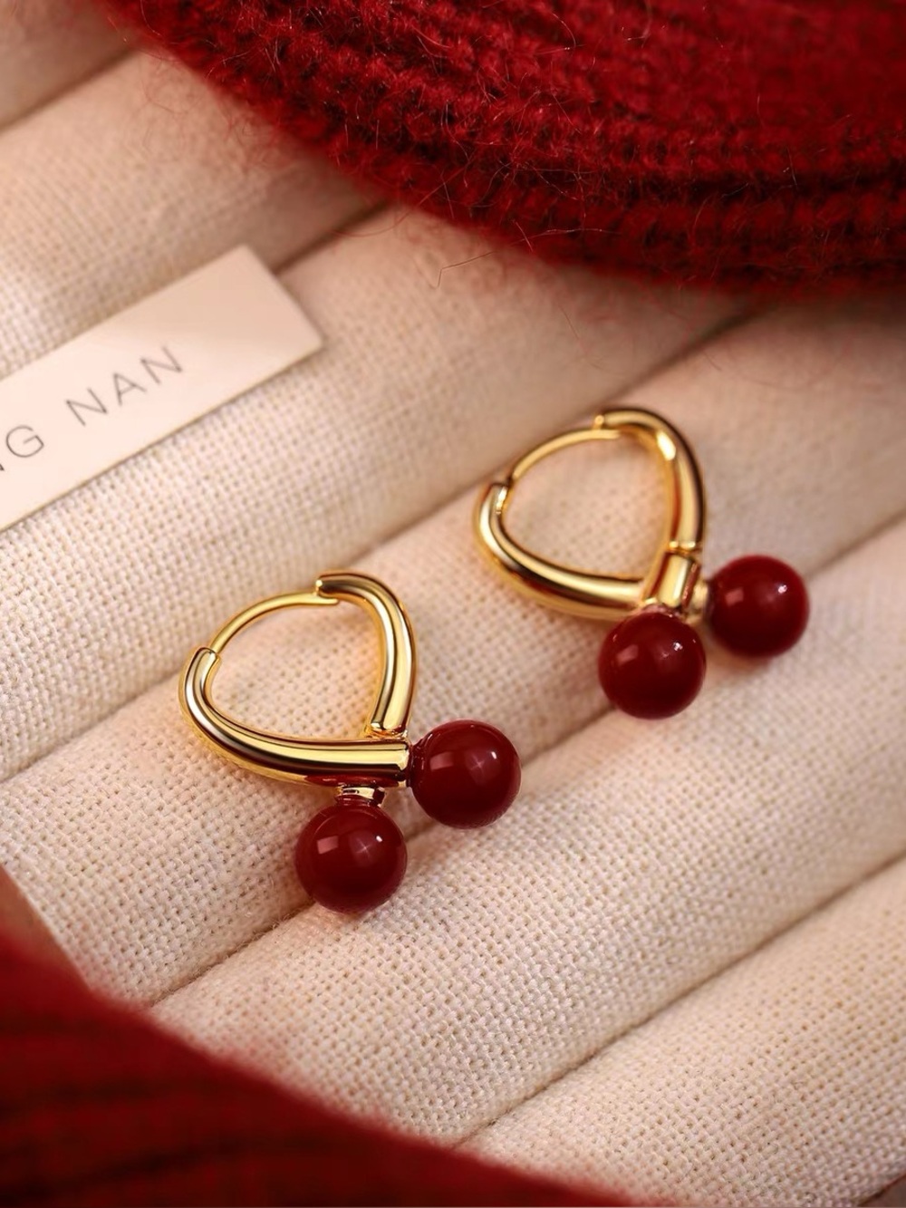 Gold Hoop Earrings with Red Cherry Beads